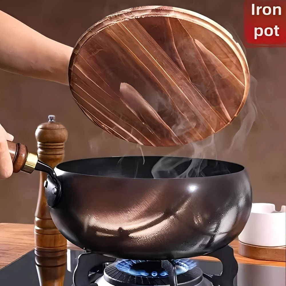 Olla Tradicional Artesanal de Hierro Fundido con Barriga Ancha - Superficie Espejo Antiadherente, Sin Recubrimiento, Diseño Antisalpicaduras y Tapa de Madera con Pomo - Construcción Resistente al Óxido para Distribución Uniforme del Calor - Esencial para