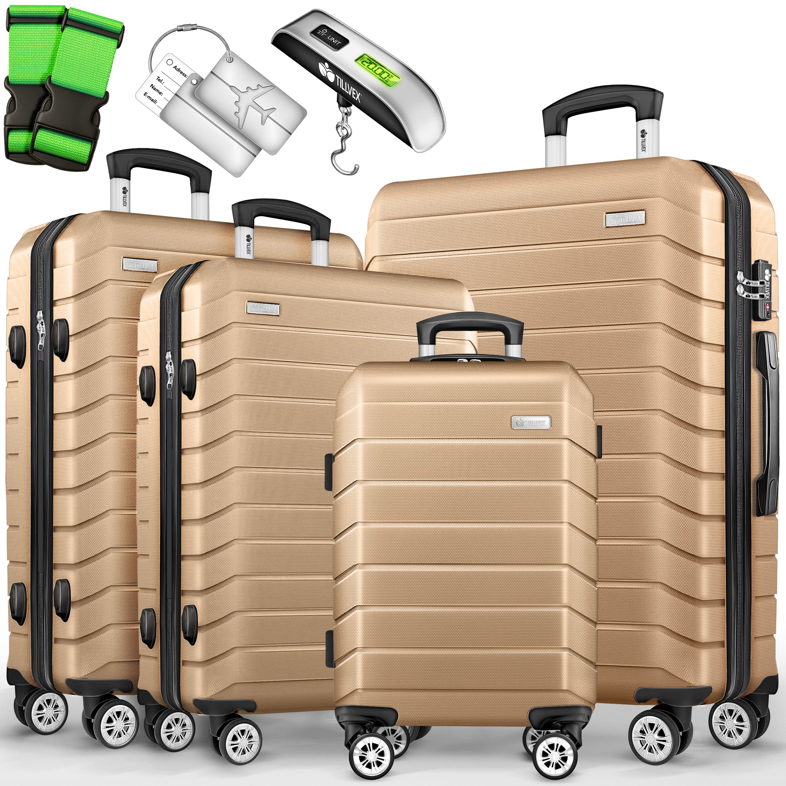Tillvex® Juego de Equipaje de Viaje con Báscula, Correas y Etiquetas | Maleta de 4 Ruedas | Equipaje con Candado TSA | Juego de Maletas de Carcasa Dura