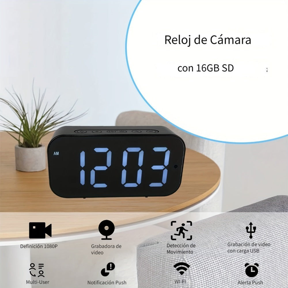Cámara despertador Wifi 1080P con detección de movimiento, visualización remota y grabación en bucle, incluye tarjeta SD de 16GB, alertas ricas, cámara de vigilancia HD para el hogar, cámara de monitoreo segura adecuada para tu hogar, oficina o mascota