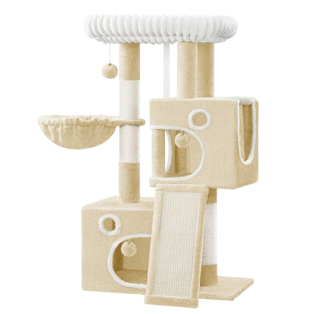 Árbol para Gatos Adecuado para Espacios Pequeños con Plataformas de Peluche, Postes de Sisal para Rascar y Base Antivuelco - Rampa de Escalada Multinivel, Cueva y Pompones - Árbol de Juego Resistente para Gatitos y Gatos (Gris Oscuro)