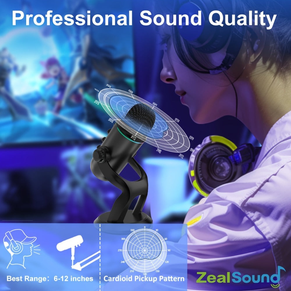 Micrófono Gaming Condensador USB Zealsound, Mic RGB Plug and Play con Reducción de Ruido, Control de Ganancia Silencio y Reverb, Jack de Monitor de 3.5 mm para PC, Teléfono, Transmisión en Vivo, Grabación de Podcast
