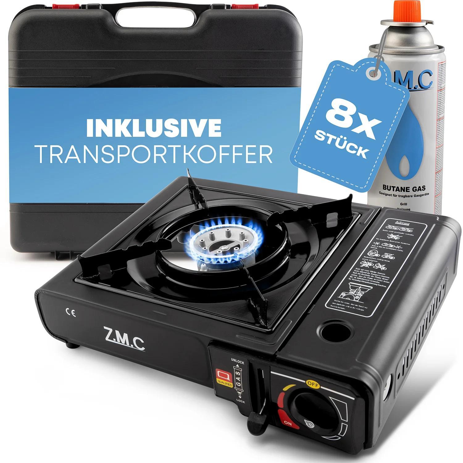 ZMC Estufa de Camping de 1 Quemador 2.2 kW con Encendido Piezoeléctrico, Adaptador para GLP y Estuche de Transporte – Estufa Portátil de Acero Inoxidable para Camping, Exteriores, Jardín, Balcón y Cocina de Emergencia en Interiores | Diseño Robusto, Contr