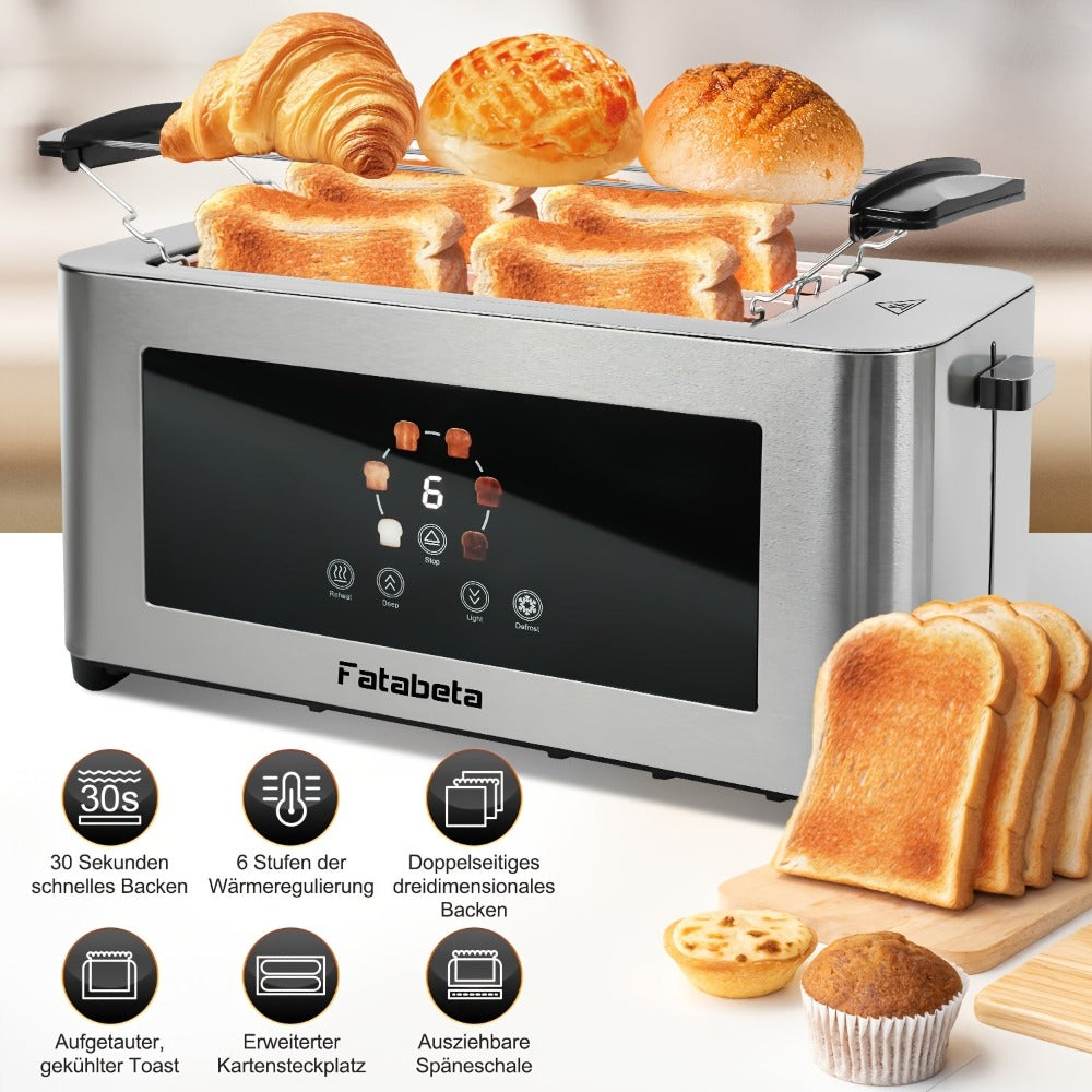 Tostadora de Pan 1400W, Tostadora de Acero Inoxidable, Pantalla Táctil LCD, 2 Ranuras Anchas para Tostadas, Tostadora de 4 Rebanadas, 7 Niveles de Marron, con Calentador de Rosquillas, Bandeja de Salpicaduras Extraíble