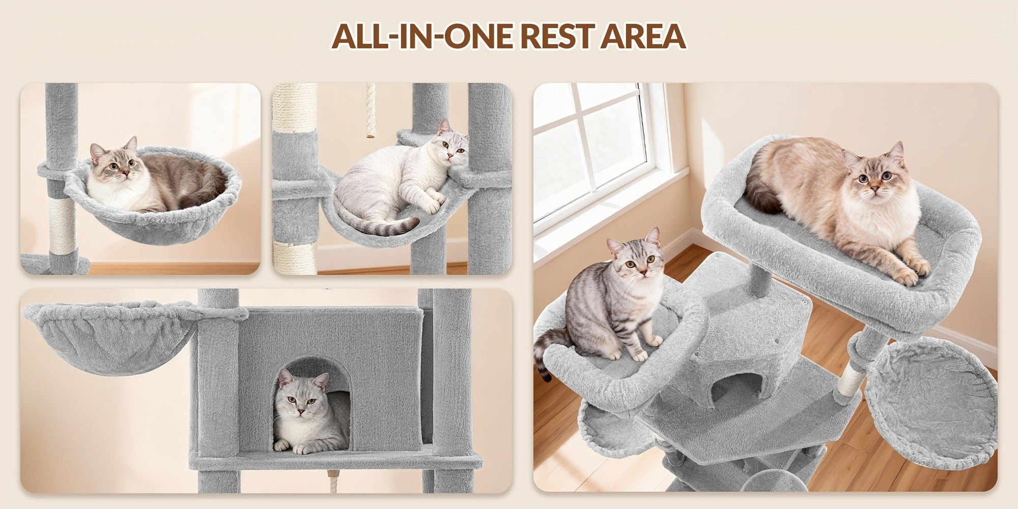 Rascador Grande para Gatos, Rascador de 216 Cm, Gatos Grandes, Estable con Rascadores, 2 Casas Cómodas para Gatos, 2 Perchas, 2 Cestas, Hamaca, Para Uso en Interiores