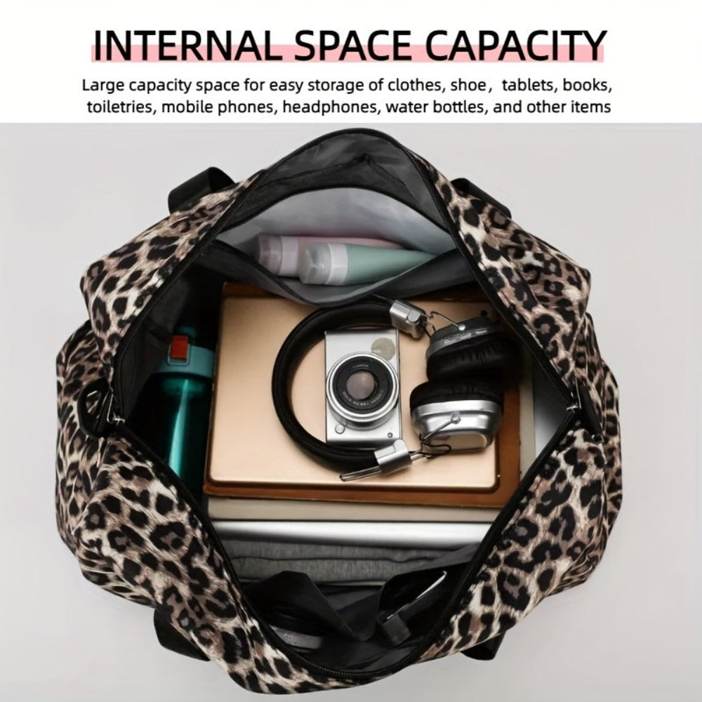 Maleta moderna con estampado de leopardo y amplio espacio, con compartimento separado para zapatos, correa de hombro ajustable, ideal para el gimnasio, yoga y escapadas de fin de semana, así como actividades de ocio y camping al aire libre