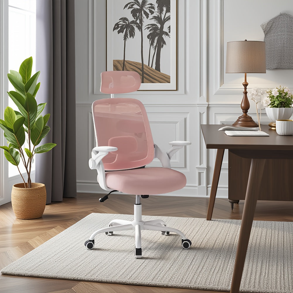 Silla de oficina ergonómica, silla de escritorio con reposacabezas ajustable, soporte lumbar, función de balanceo, reposabrazos plegables, silla para oficina en casa, silla de trabajo