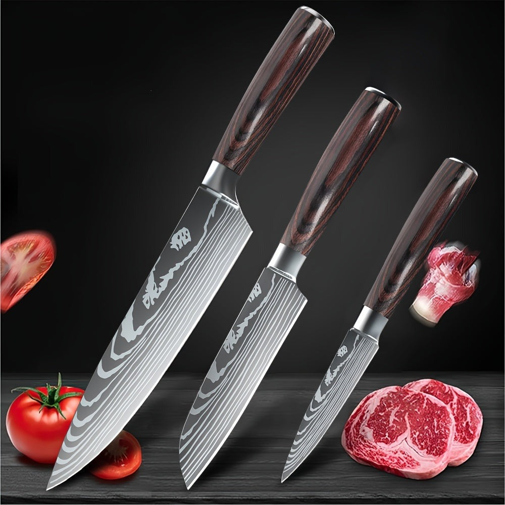 Juego de cuchillos de cocina 1/3 piezas, cuchillos de cocina forjados a mano, cuchillo Santoku de 20 cm, cuchillo para rebanar de 12.5 cm, cuchillo para pelar de 9.5 cm, adecuado para cocina casera, hoteles, restaurantes, regalos de cocina para vacaciones