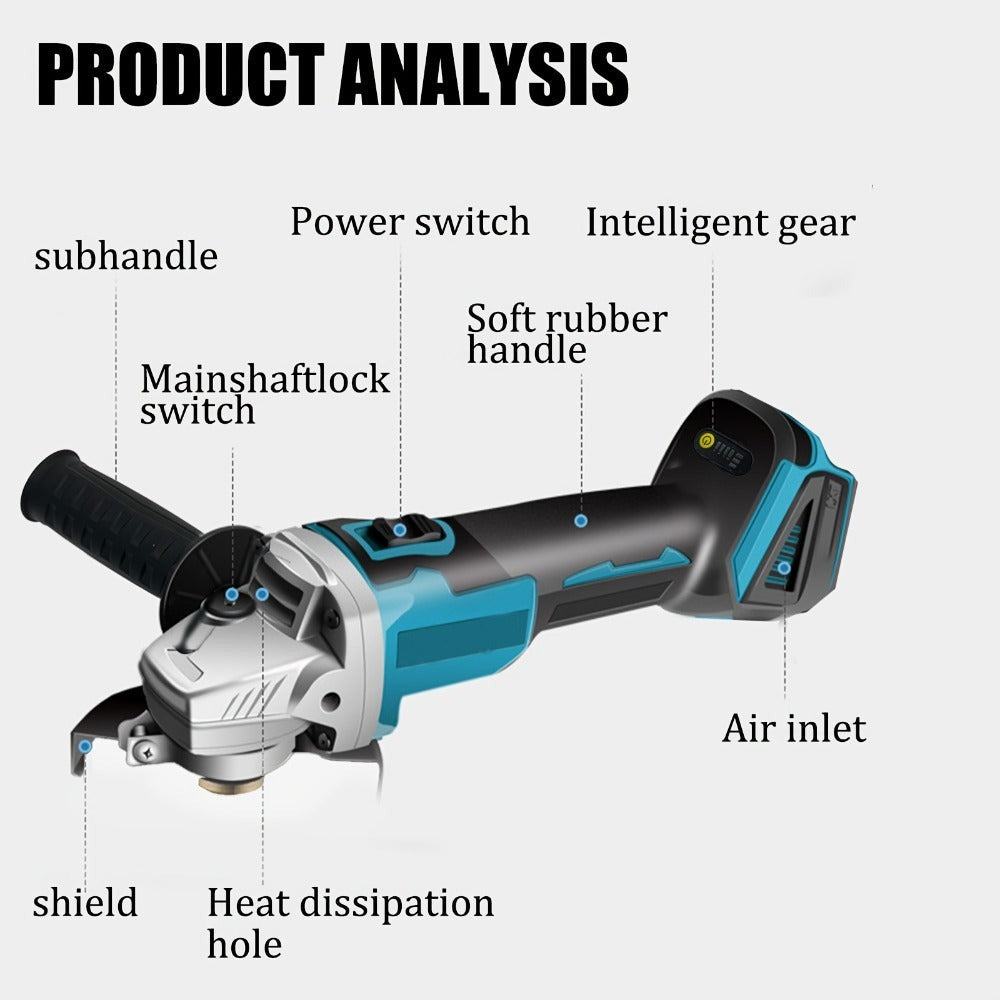 Amoladora angular inalámbrica de 400 W, 125 mm, reemplazo para batería Makita 18 V BL1830, amoladora angular de mano con mango antivibración, amoladora sin escobillas, herramienta eléctrica de 11000 rpm, para esmerilar y pulir (batería no incluida)