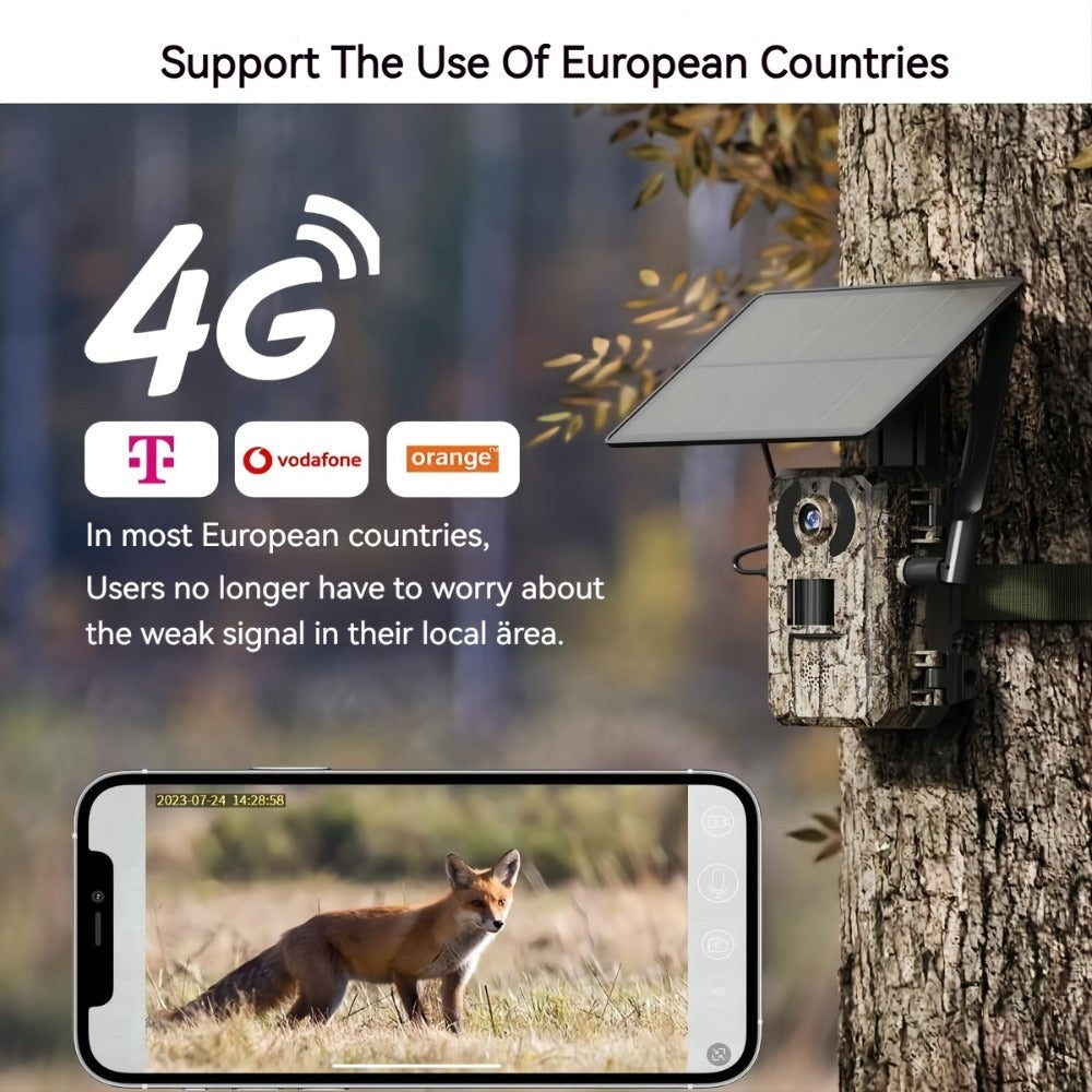 Camara Celular con Energía Solar 3G/4G LTE para Senderos con Transmisión en Vivo de 2.7K, Activación por Movimiento de 0.2s, Visión Nocturna, Almacenamiento en SD/Nube y Tarjeta SIM Incluida - Cámara para Caza y Vida Silvestre al Aire Libre