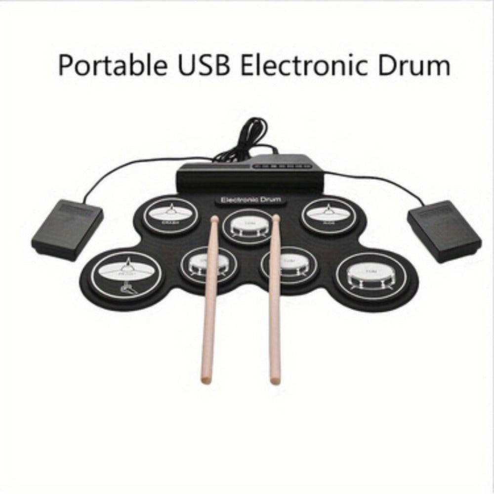 Batería electrónica, 7 pads enrollables, kit de batería midi portátil con altavoz incorporado/pedales/tomacables para auriculares, excelente regalo de vacaciones para principiantes