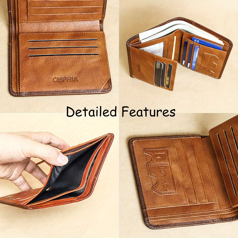 Cartera de Cuero Genuino para Hombre con Juego de Tarjetas de Bendición, Bloqueo RFID, Ultra Delgada, Piel de Vaca de Primera Calidad, Porta Tarjetas de Identificación y Crédito Multifuncional Compacto, Regalo para Navidad, Día de San Valentín y Día del P