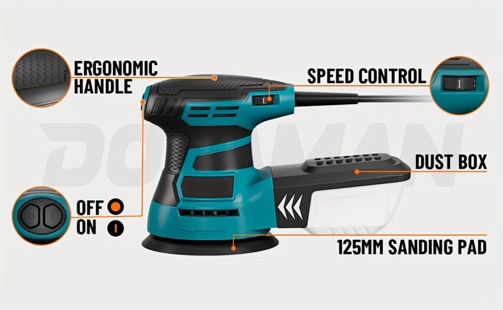 Lijadora orbital aleatoria de 385 W, 6 velocidades ajustables, 13000 RPM, 12 lijas, disco de 125 mm, extracción de polvo, ideal para madera y superficies