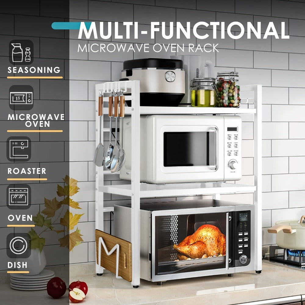 Estante Extensible para Microondas de 3 Niveles con 6 Ganchos, 3 Toallas, Porta Palillos, Porta Tablas de Cortar, Estante para Especias, Organizador de Cocina, Blanco y , Extensible de 40cm a 64cm