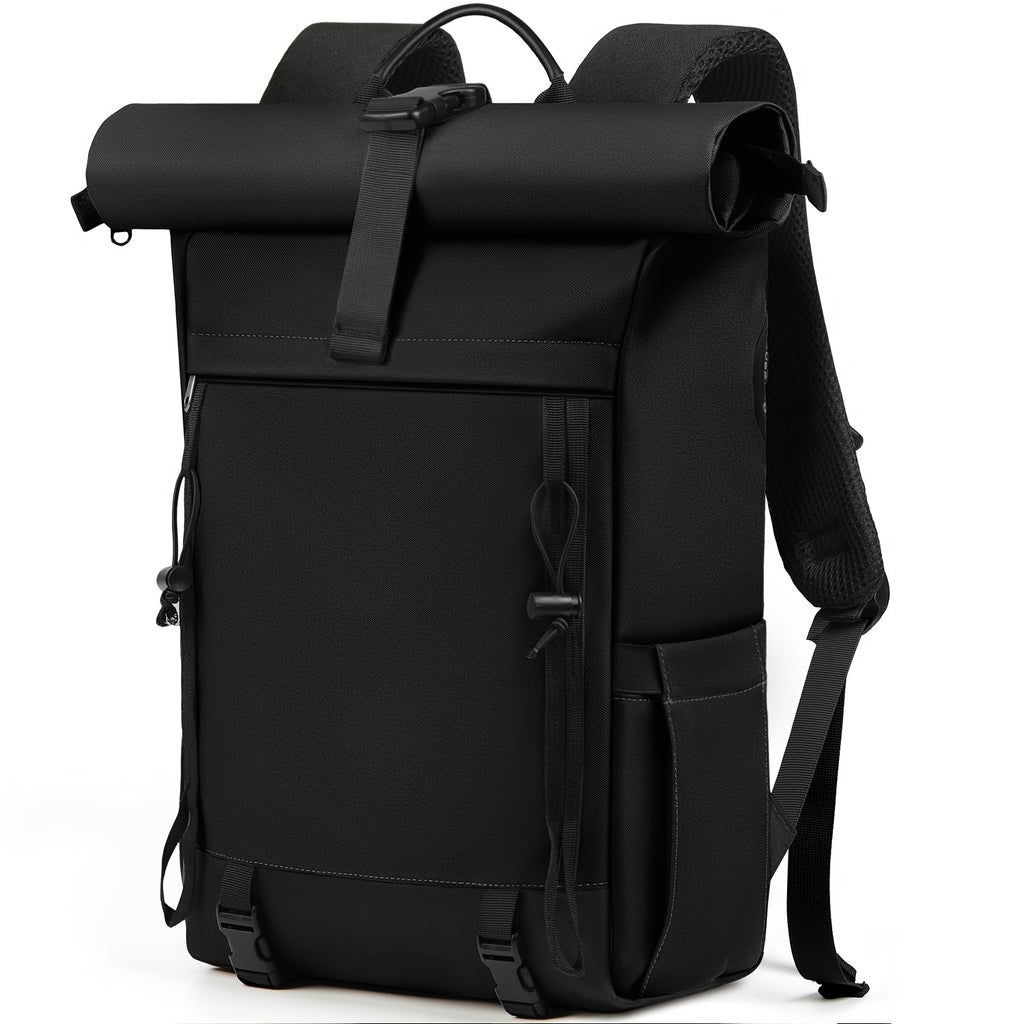 RAINSMORE Mochila Rolltop para Mujeres y Hombres, Mochila Portátil 43.18 cm, Gran Mochila de Viaje, Mochila de Senderismo Negra, Talla L