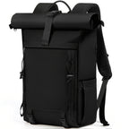RAINSMORE Mochila Rolltop para Mujeres y Hombres, Mochila Portátil 43.18 cm, Gran Mochila de Viaje, Mochila de Senderismo Negra, Talla L
