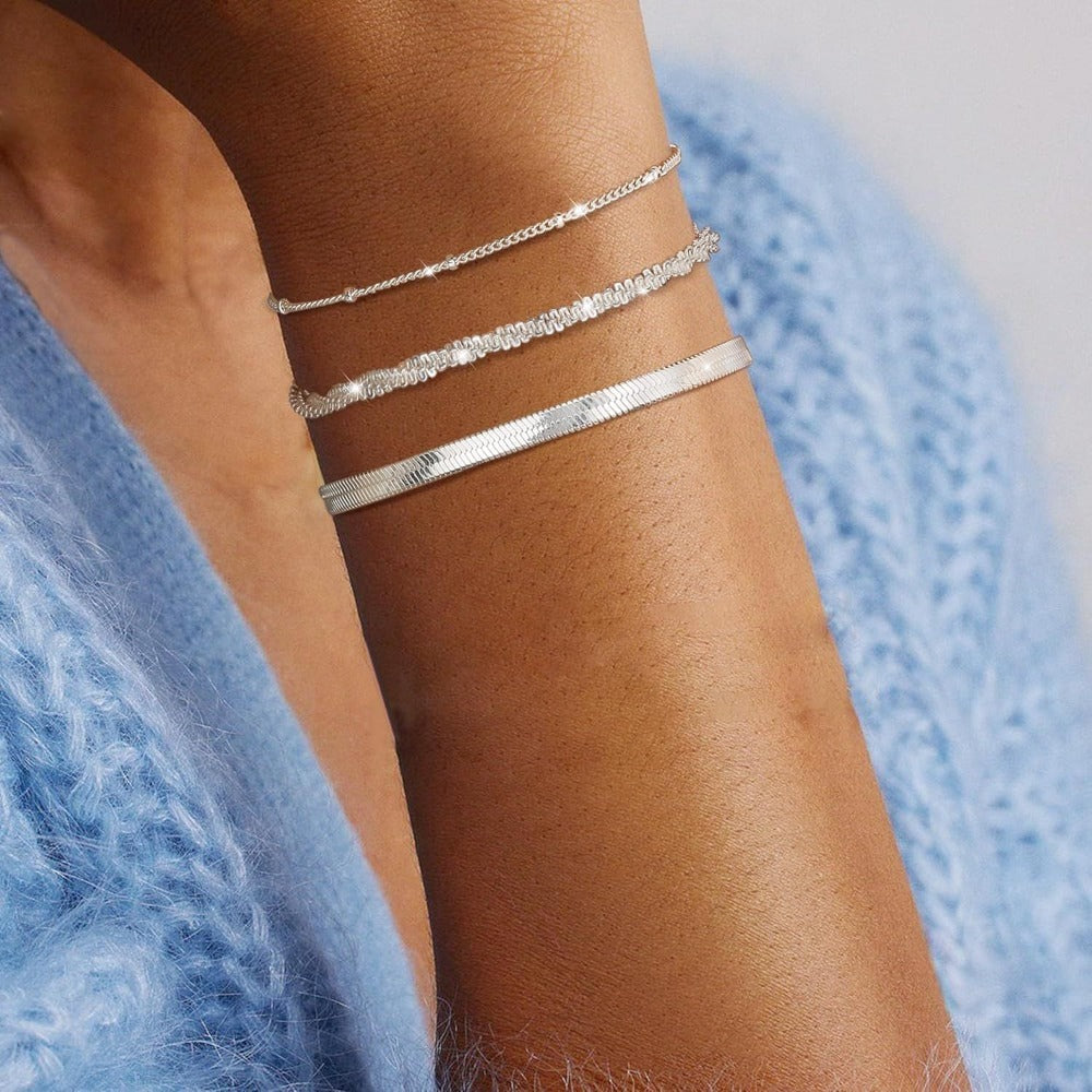 3 Piezas de Pulseras para Mujer en Plata 925, Brazaletes Elegantes y Ajustables con Cadena Delicada Estilo Capa, Ideales como Combinación o Apiladas