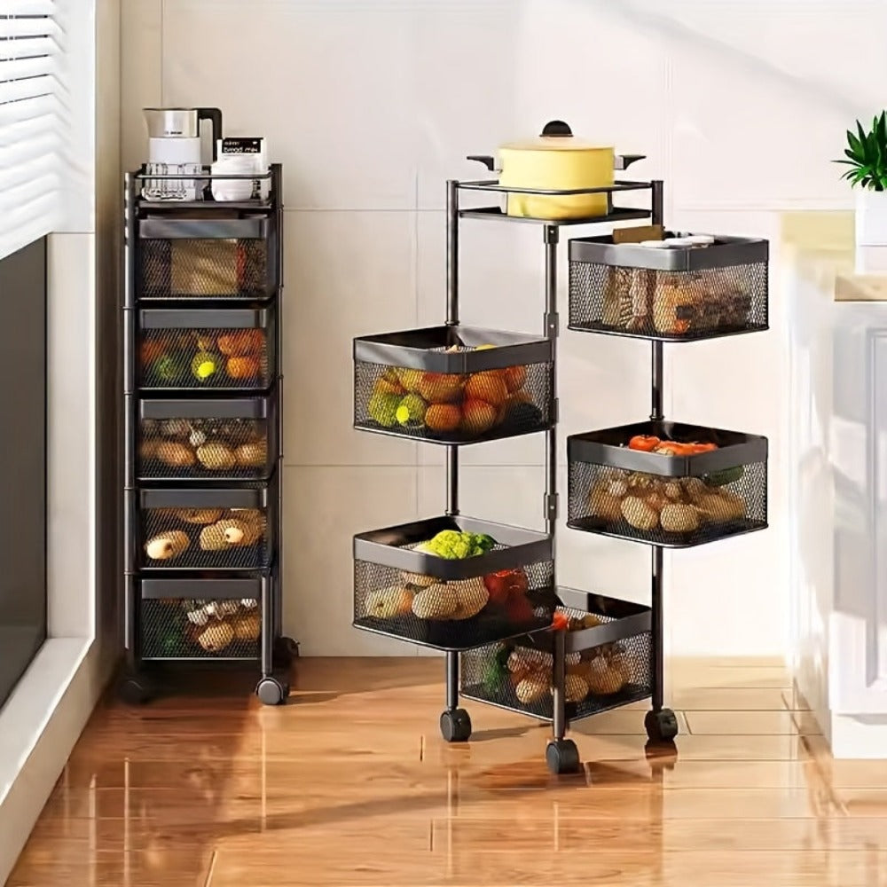 Carro Giratorio de Cocina de 5 Niveles con Ruedas, Unidad de Estantería Móvil de Marco Metálico Grande, Ideal para Despensa, Portafrutas, Verduras, Ahorrador de Espacio para Uso Doméstico o Comercial, Estante de Pie
