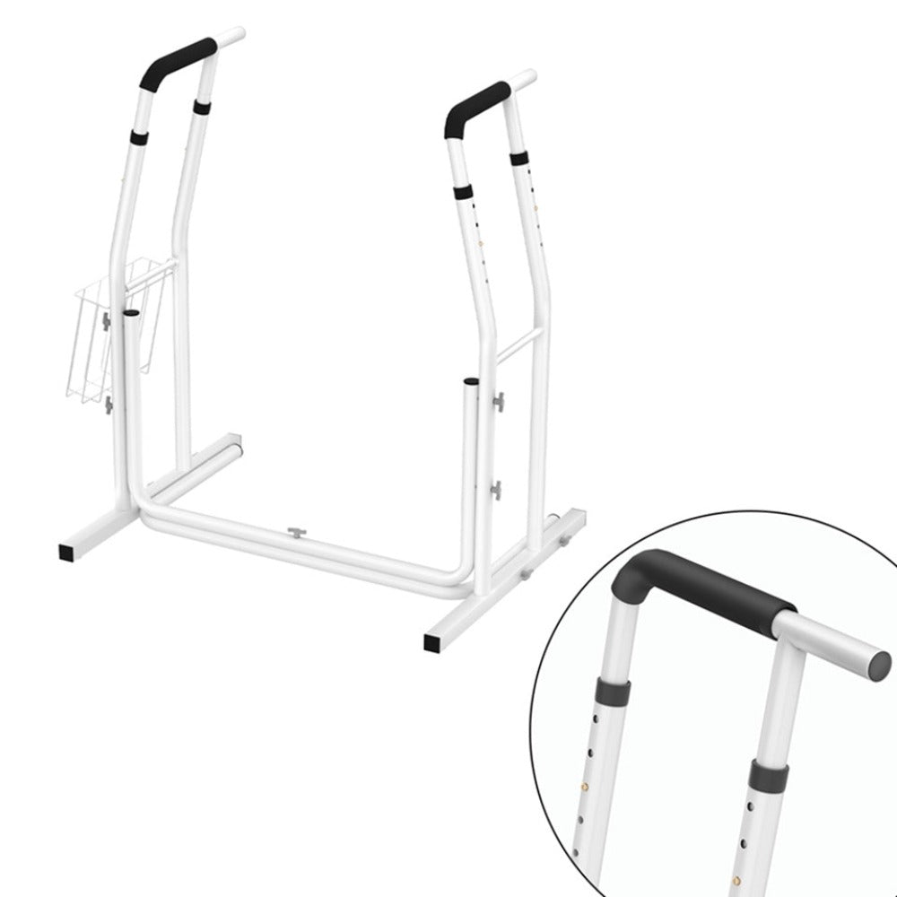Soporte de baño móvil, ayuda de pie, ajustable en altura, con cesta de almacenamiento, barra de sujeción de baño, blanco