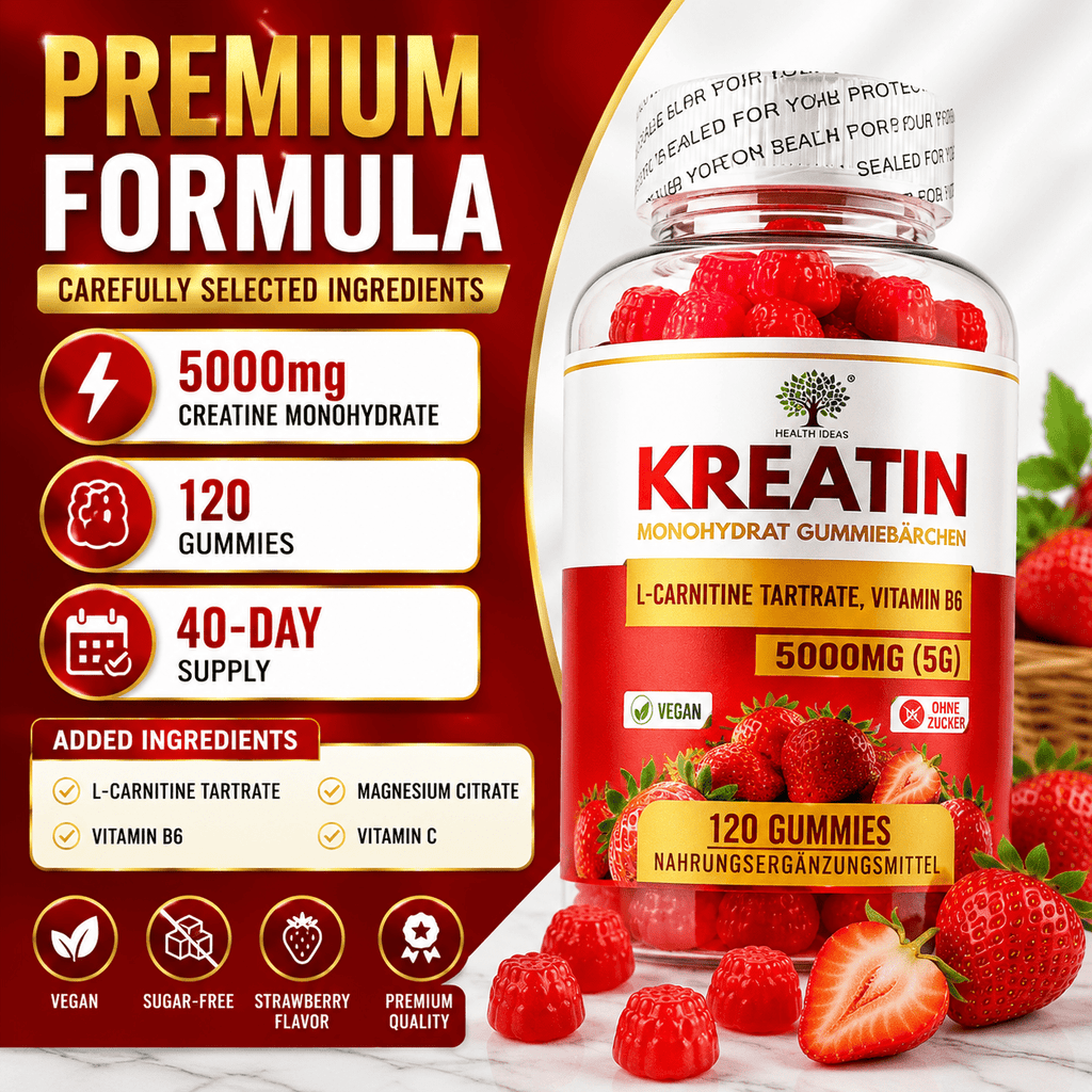 Creatina Monohidrato Gomas de Fresa 5000mg (5g) por Porción – 120 Gomas de Fresa Veganas – Con Tartrato de L-Carnitina y Vitamina B6 – Suplemento Alimenticio Sin Azúcar para Adultos – Fórmula Diaria Fácil de Masticar – Alternativa Conveniente a las Polvos