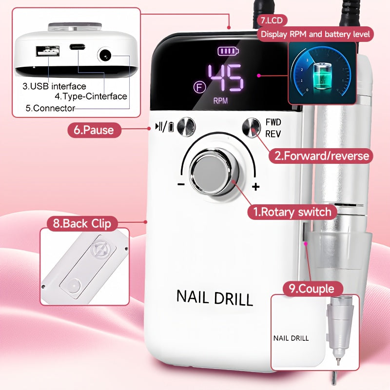 Set de Torno Eléctrico Profesional para Uñas, 45000 RPM, Herramienta Recargable USB Portátil para Uñas Artísticas, Adecuado para Uñas de Cristal, Uñas de Gel, Herramientas de Pulido para Manicura, Herramientas de Modelado para Manicura, Suministros para T