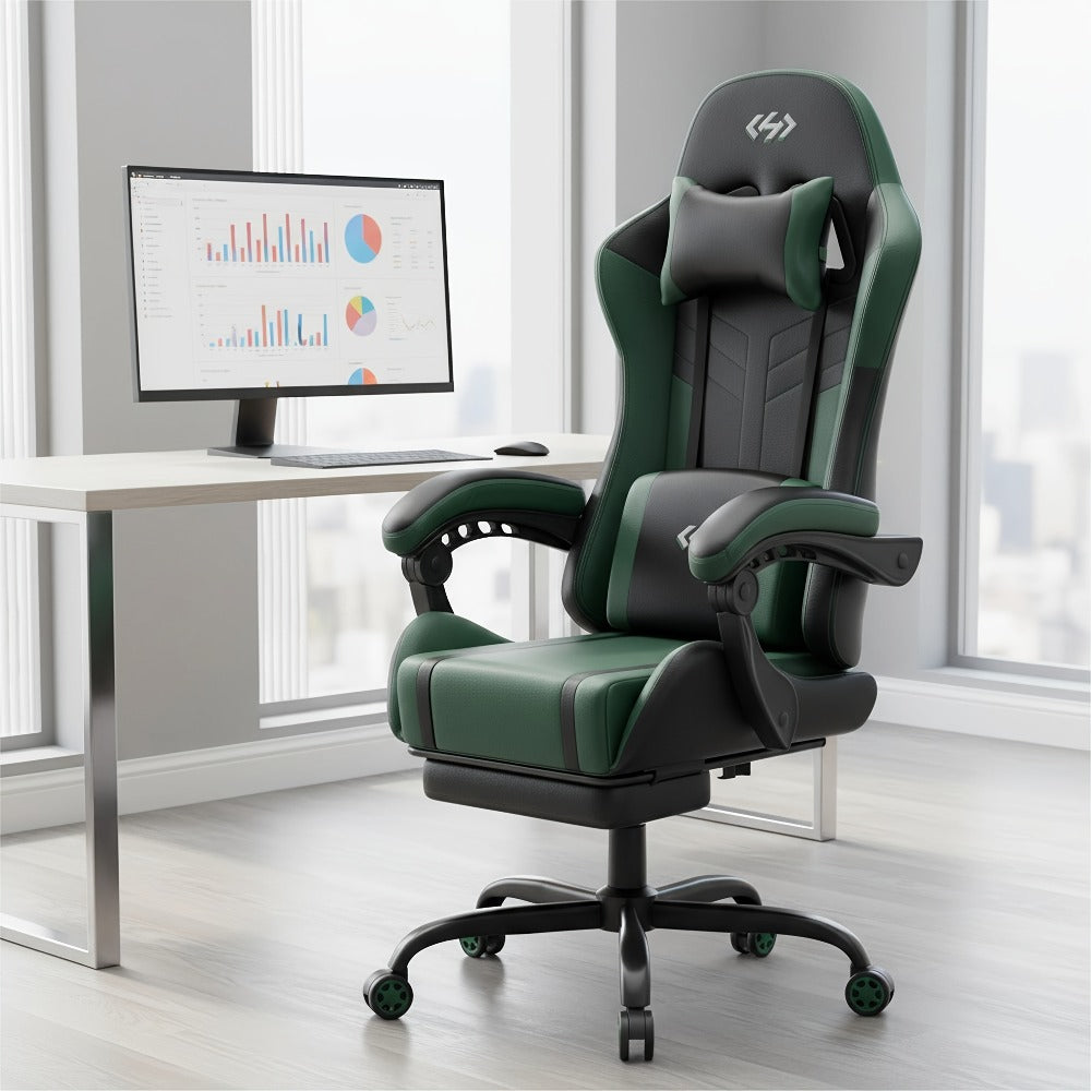 Silla Gaming con Masaje Lumbar Incorporado, Diseño Ergonómico Soporte Lumbar Ajustable y Reposacabezas, Silla de Computadora Giratoria de 360 Grados Reclinable para Oficina, Ideal para Juegos/Trabajo de Larga Duración