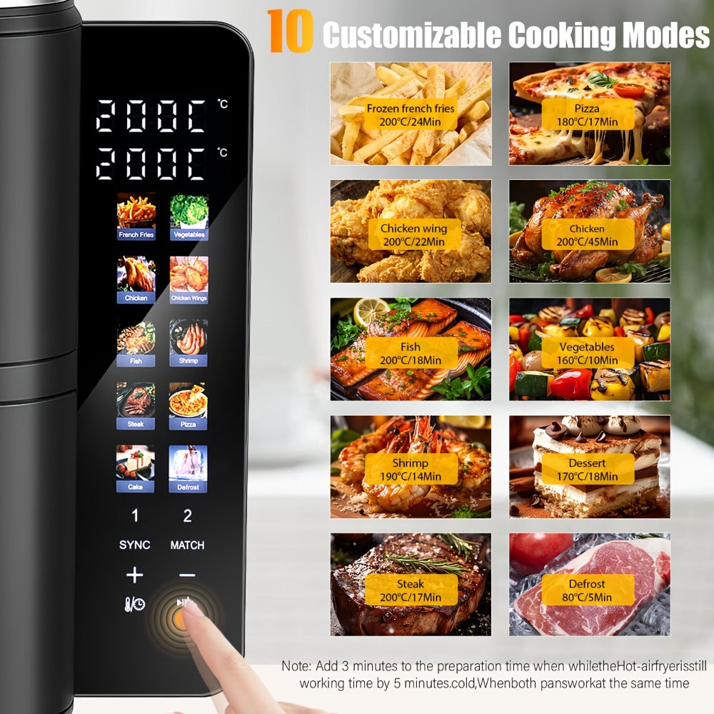 Freidora de Aire de 11L con Ventana de Fácil Visualización, Cajones Verticales Dobles, Cocción en 4 Niveles, Capacidad XXL - 2 Cestas de 5.5L, 2 Cajones y 2 Rejillas, Ahorro de Espacio, 10 Funciones, Sincronización y Compatibilidad, Libre de PFAS, 2800W