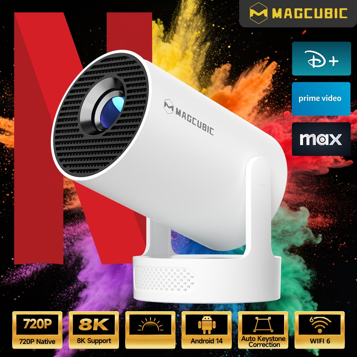 Proyector Magcubic Android 14 Hy300Pro+ 180° Flexible Rotatorio Local 720P Soporte 8K Procesador Allwinner H726 330ANSI con Corrección Trapezoidal Automática Proyector de Video Portátil
