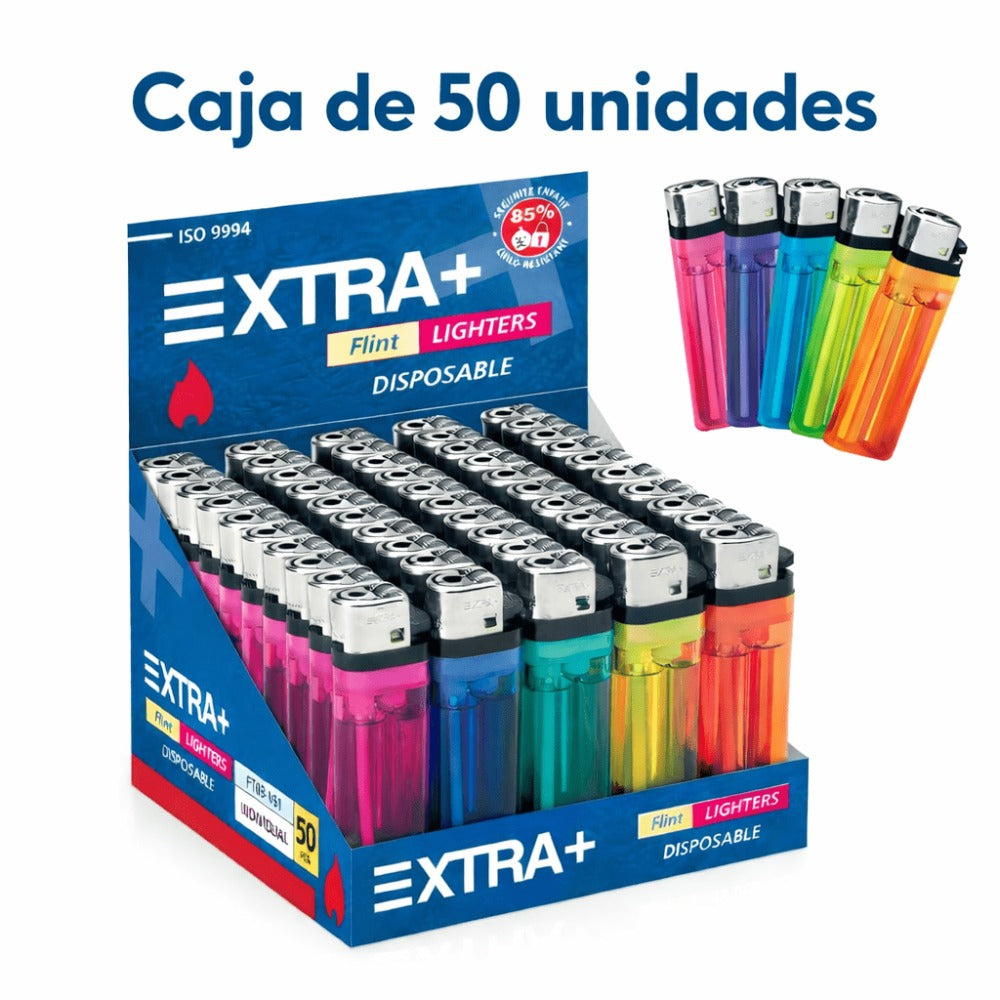 Caja de 50 Encendedores/Mecheros 5 Colores Transparente Surtido