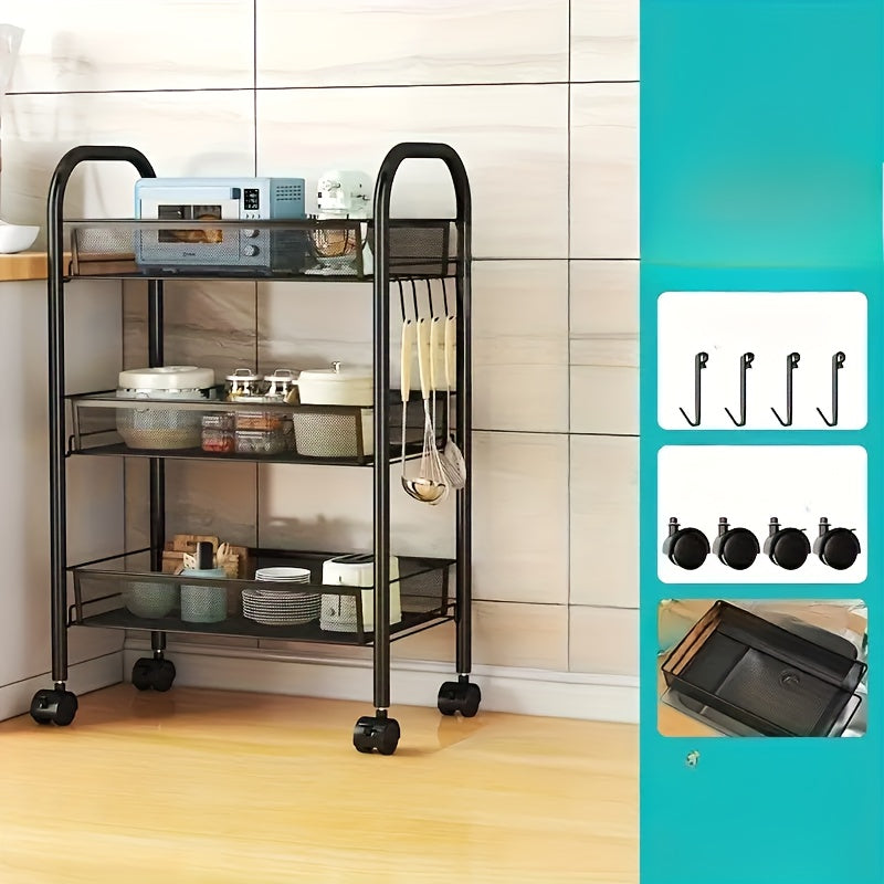 Estante de Cocina Multifuncional de Metal de Tres/Cuatro Niveles con Ruedas, Estante de Almacenamiento de Alta Resistencia, Adecuado para Garaje y Cocina, Gran Capacidad, Fácil de Montar, Estante y Gabinete de Cocina, Estante Práctico, Ideal para Cocina y