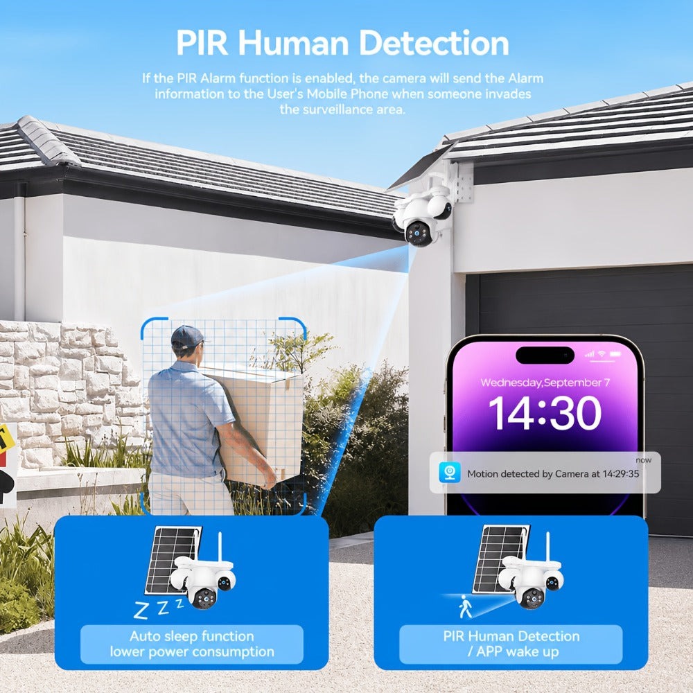 Cámara de seguridad solar solar exterior de 8MP con triple lente y triple vista 4G, videovigilancia, rotación panorámica-inclinable PTZ 360°, seguimiento de movimiento, detección humana PIR, audio bidireccional, visión nocturna a todo color, notificacione
