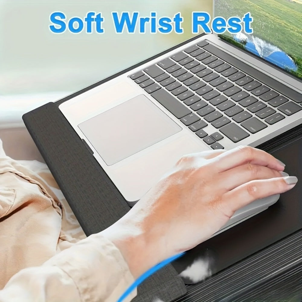 Escritorio de oficina multiusos con reposabrazos, alfombrilla para ratón, ranuras para tablet y teléfono, asa portátil, escritorio acolchado para laptop, estructura de madera duradera, adecuado para usar en la cama, almacenamiento en el hogar y la oficina
