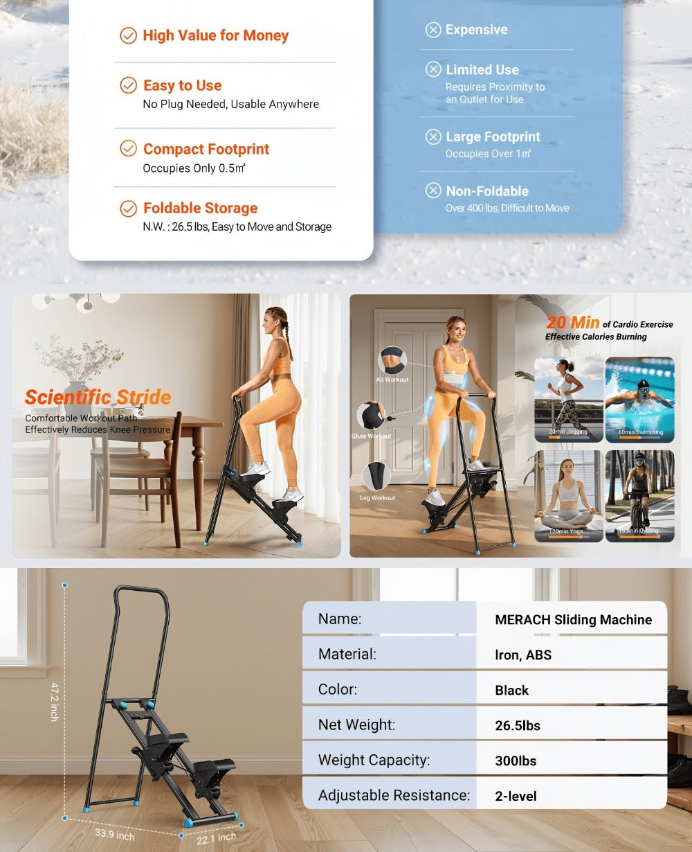 MERACH Stepper para Ejercicio en Casa, Nueva Versión de Máquina de Escalada Vertical para Entrenamiento de Cuerpo Completo, Escaladora Plegable Compacta con Rango de Pasos Extendido, Manillar y Pedales Ajustables, Equipo de Ejercicio para Uso en el Hogar,