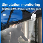 Lámpara de seguridad inteligente con energía solar, -rated; Lámpara de iluminación con sensor de movimiento con energía solar; Batería de litio de 2200 MAh, Foco de cámara de vigilancia de doble con forma realista; Sin funcionalidad de vigilancia real; Lá