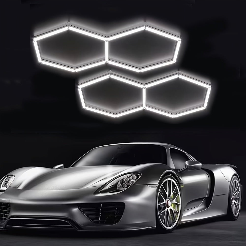 Paquete de 5/8 Lámparas de Techo LED Hexagonales - 280W 33600LM Ultra Brillantes Blanco Frío 6500K, Iluminación Exterior Moderna para Garaje, Taller, Estudio, Tienda de Detallado Automotriz - Duración Estimada, Fácil Instalación, Montaje