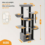 Árbol para Gatos Grande - Torre para Gatos de 170 cm de Altura para Gatos Adultos de Interior con 13 Postes de Rascado Negros Gruesos (10.9 cm), Condominio para Gatos de Múltiples Niveles, Plataforma Súper Grande y Hamacas para Maine Coon de 9 kg