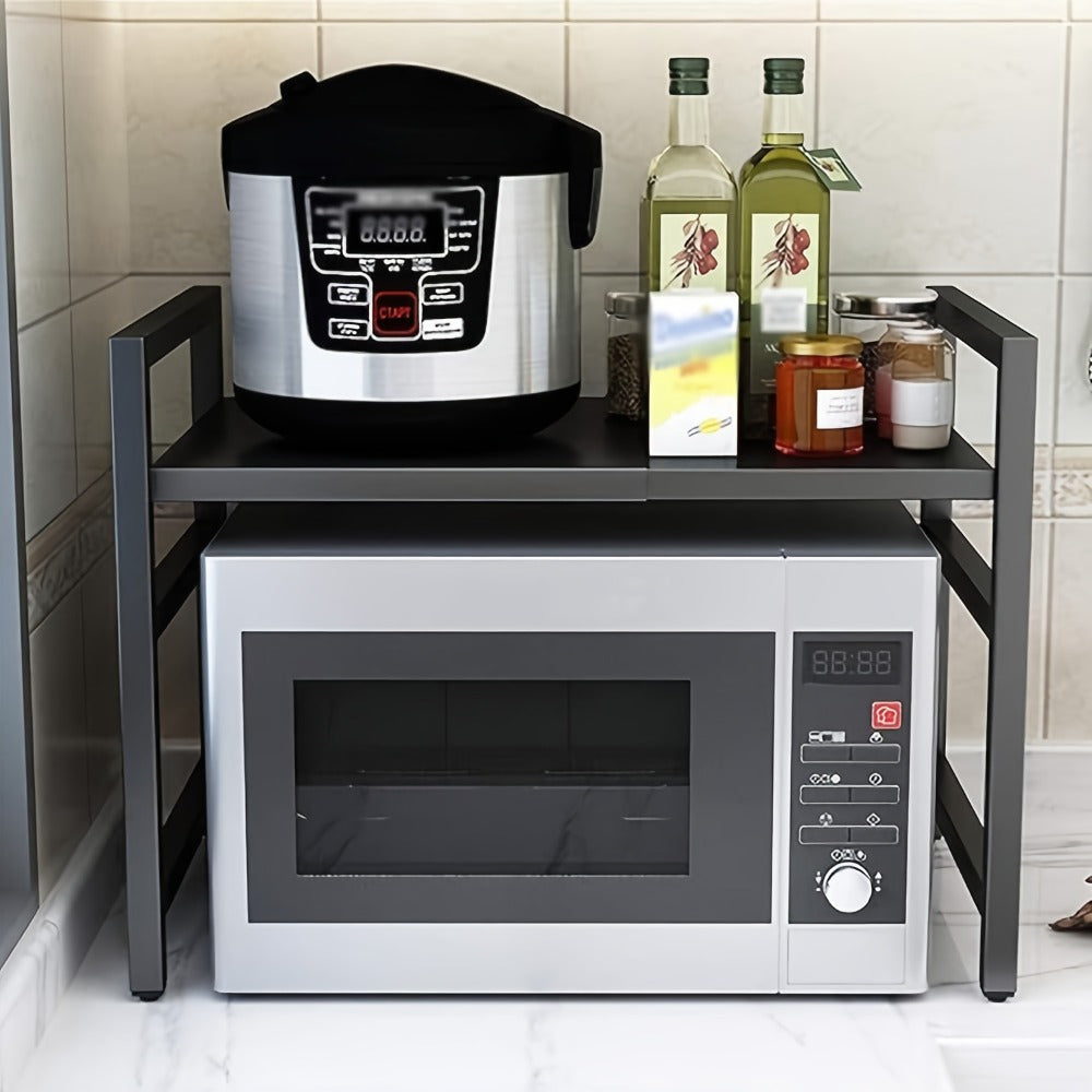 Estante de microondas extensible, estante de microondas de 2 niveles con 3 toallas, 5 ganchos, soporte para palillos y estante para tabla de cortar, organizador de cocina, estante para hornear en microondas, encimera, extensible de 40-64 cm (Negro, Blanco