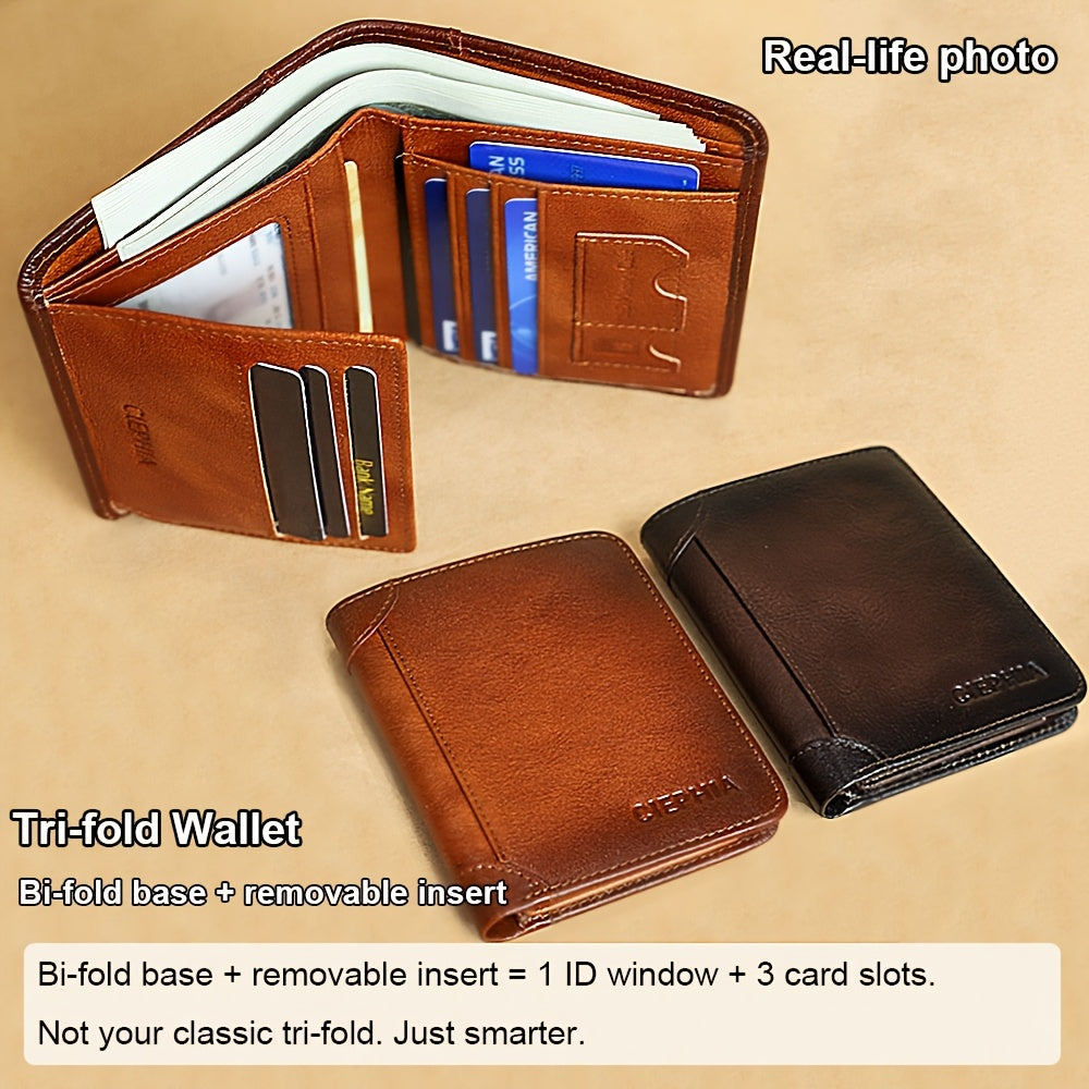 Cartera de Cuero Genuino para Hombre con Juego de Tarjetas de Bendición, Bloqueo RFID, Ultra Delgada, Piel de Vaca de Primera Calidad, Porta Tarjetas de Identificación y Crédito Multifuncional Compacto, Regalo para Navidad, Día de San Valentín y Día del P