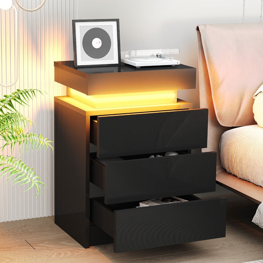 Mesita de noche LED con 2/3 cajones y 1 cajón superior, mesita de noche con brillo intenso en 4 lados, colores LED RGB, mesita auxiliar para dormitorio, sala de estar, muebles para el hogar, negro