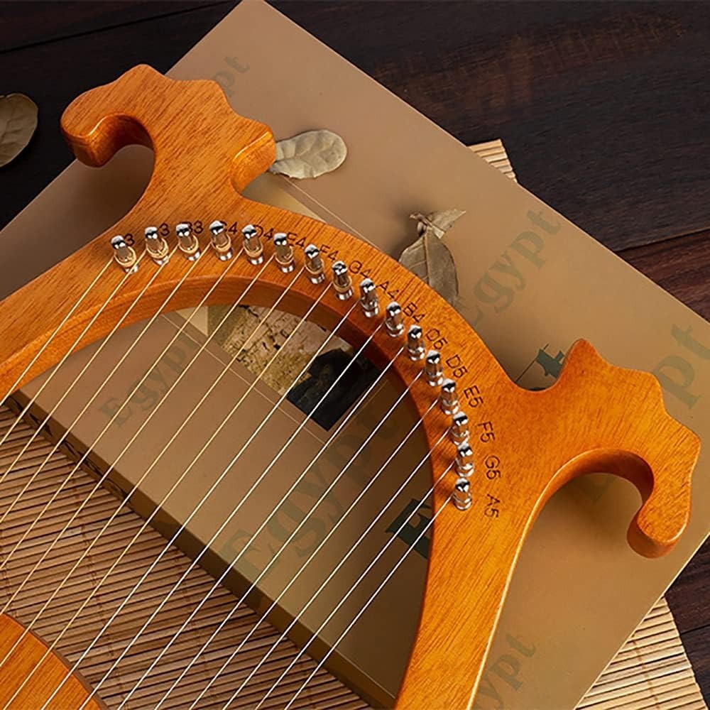 Arpa YIFEICT, Instrumento de Cuerda de Caoba Maciza, Arpa Lira Portátil de 16 Cuerdas, Arpa Lyra Instrumento Vintage, Caoba, Juego de Llaves de Afinación de 16 Cuerdas de Acero (Color de Madera con Patrón Europeo)