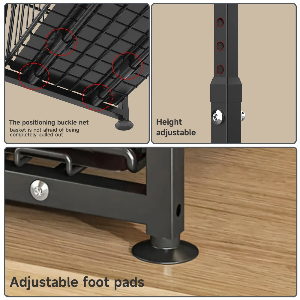 Organizador de 2 niveles para debajo del fregadero, cajones extraíbles, acero al carbono, almacenamiento para cocina y baño, almacenamiento deslizante sin taladrar para cocina, altura ajustable, , gran capacidad de carga