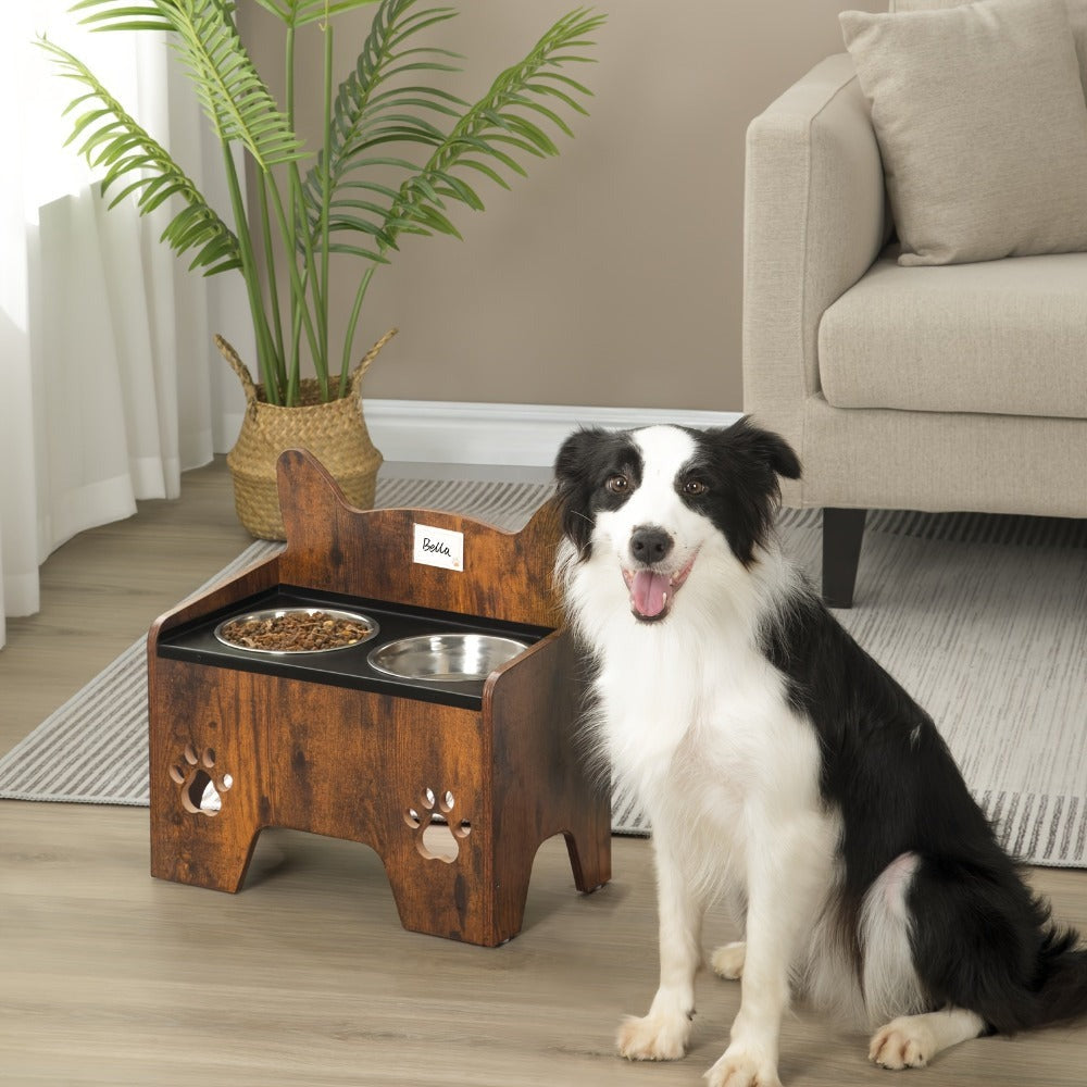 Comedero Elevado para Mascotas con Dos Tazas de Acero Inoxidable, Diseñado para Evitar Derrames, Apto para Perros de Todo Tamaño, con un Diseño Vintage Marrón y Negro