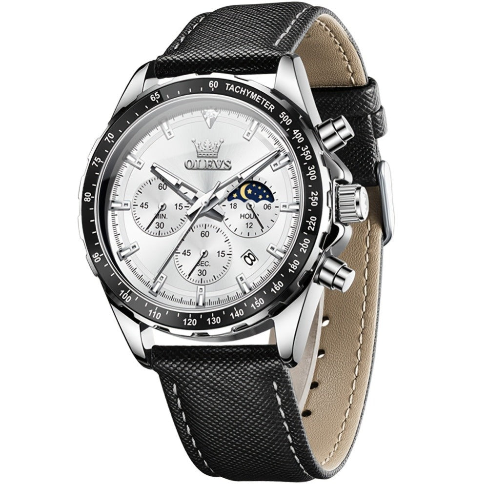 OLEVS Relojes para Hombre Fase Lunar Esfera Acero Inoxidable/Correa de Cuero Cronógrafo Lujo Negocios Vestir Analógico Cuarzo Relojes Masculinos Clásicos Casual Caballero Relojes de Pulsera Luminosos Esfera Negra/Blanca/Azul/Verde