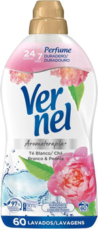 Paquete de 4 suavizantes de tela Vernel de aromaterapia para 4*60 lavados (Maldivas-Delicado, Lirio Irresistible, Té Blanco/Té) - Paquete de 4 suavizantes de tela Vernel de aromaterapia Cielo Azul para 4*55 lavados - Paquete de 4 suavizantes de tela Verne