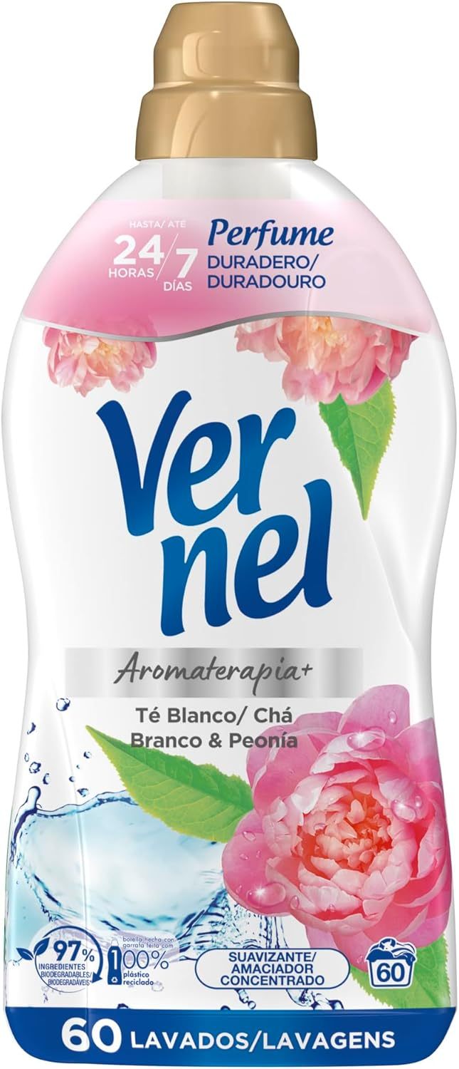 Paquete de 4 suavizantes de tela Vernel de aromaterapia para 4*60 lavados (Maldivas-Delicado, Lirio Irresistible, Té Blanco/Té) - Paquete de 4 suavizantes de tela Vernel de aromaterapia Cielo Azul para 4*55 lavados - Paquete de 4 suavizantes de tela Verne