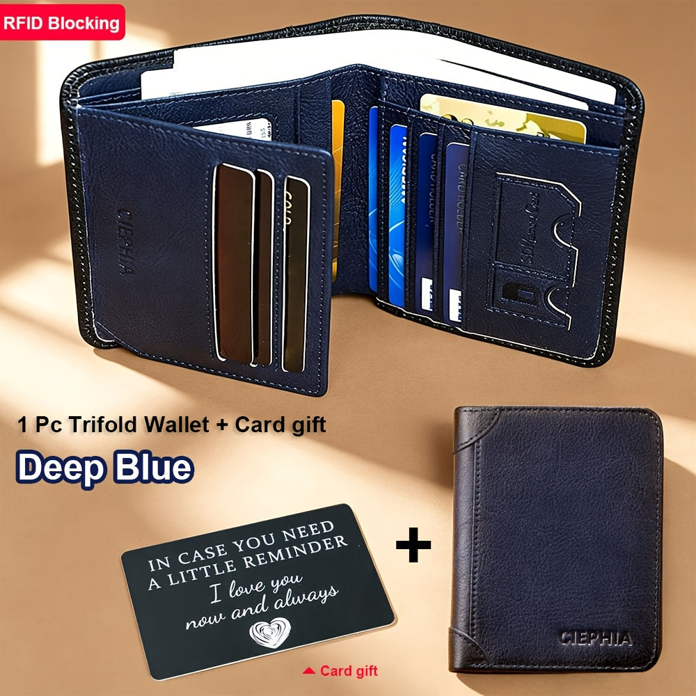 Cartera de Cuero Genuino para Hombre con Juego de Tarjetas de Bendición, Bloqueo RFID, Ultra Delgada, Piel de Vaca de Primera Calidad, Porta Tarjetas de Identificación y Crédito Multifuncional Compacto, Regalo para Navidad, Día de San Valentín y Día del P