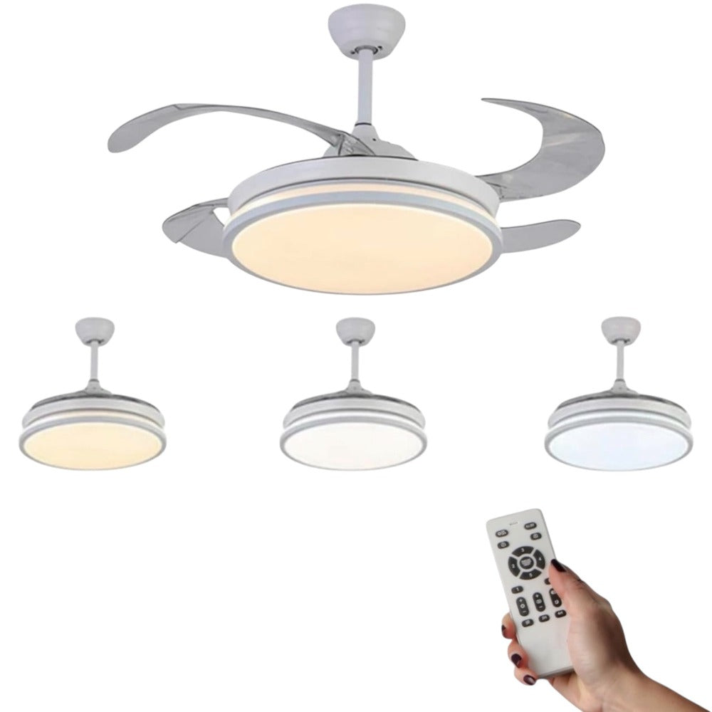 Ventilador de techo con Blanco en 3 Temperaturas de con Mando a Distancia -Motor DC Eficiente y Silencioso, 3 tonalidades, aspas desplegables retráctiles, 6 velocidades, control remoto, memoria, temporizador, silencioso y bajo consumo.