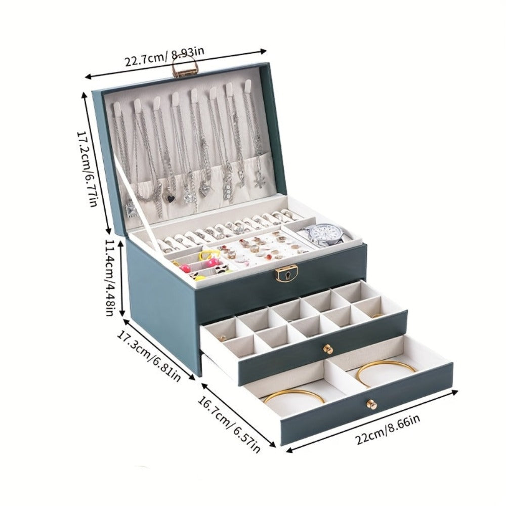 Joyero de tres capas de terciopelo y piel sintética, compacto y portátil para guardar aretes, anillos, collares y otros suministros para hacer joyas
