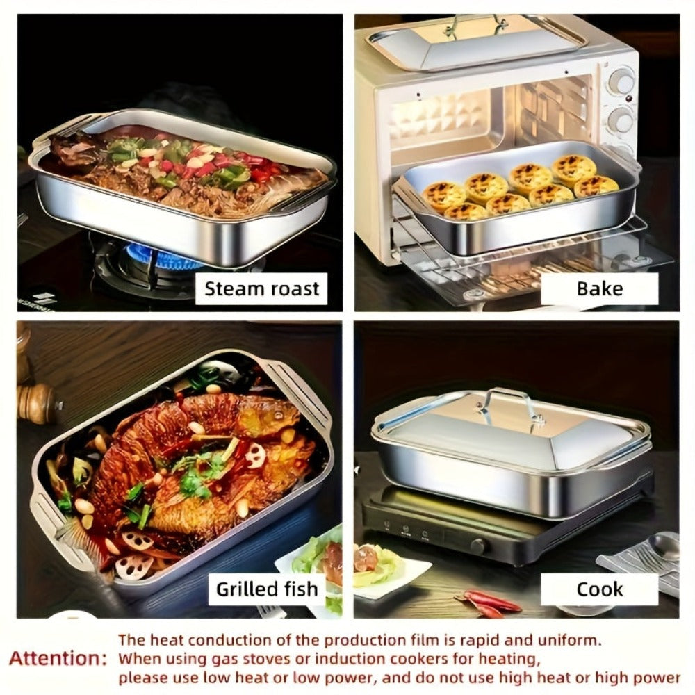 Juego de Bandejas para Hornear de Acero Inoxidable, Bandeja Metálica con Tapa, Diseño de Bordes Altos para Mayor Capacidad, Resistente al Calor hasta 230°C, Fácil de Limpiar, Bandeja para Asar Adecuada para Guisos/Lasaña/Pollo/Verduras