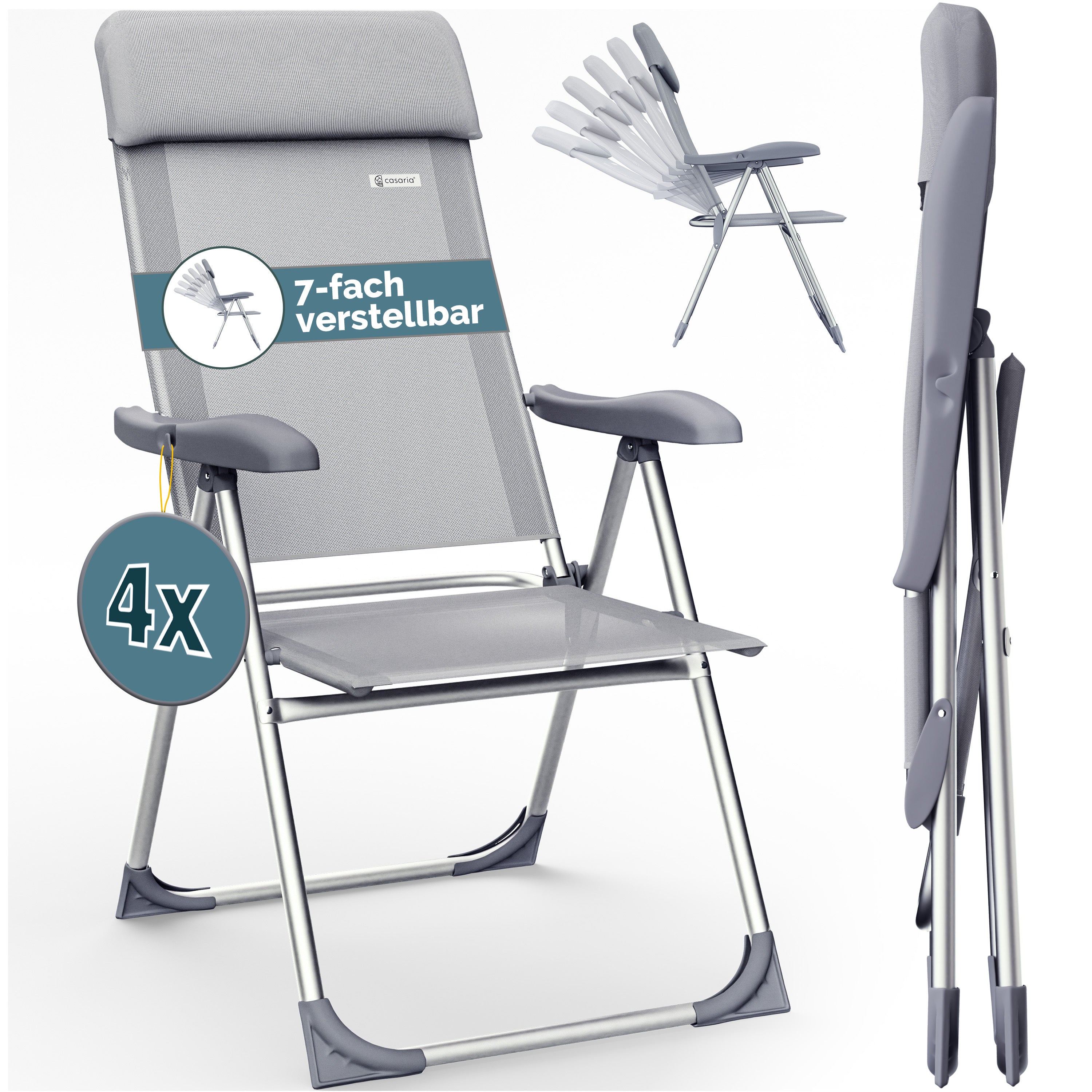 CASARIA® Sillas de Jardín Juego de 4 Plegables Ajustables en 7 Direcciones de Aluminio con Respaldo Alto Función Reclinable Silla de Camping Plegable para Balcón Silla Plegable Respaldo Alto