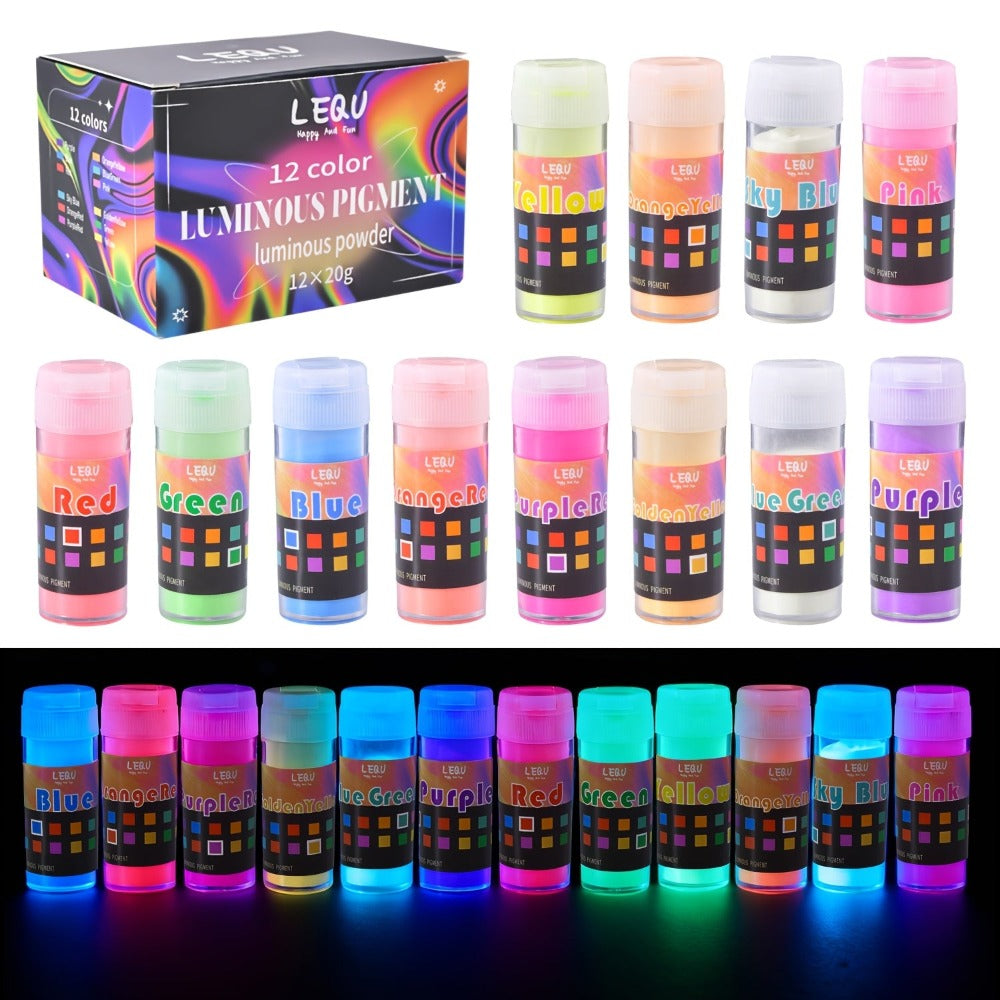 LEQU Polvo de Pigmento Luminoso - 12 Colores de Polvo Fluorescente 0.7Oz/20G, Polvo Luminoso de Resina Epoxi, Adecuado para Fabricación de Resina, Manualidades de Aretes de Joyería, Pintura Acrílica, Halloween y Manualidades